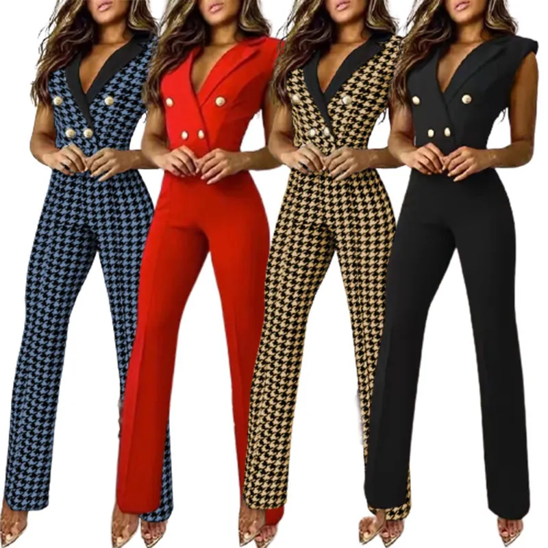 Women Sleeveless V-Neck Houndstooth Jumpsuit Double Breasted Button Fashion Slim Fit Professional Office Casual Long Overalls