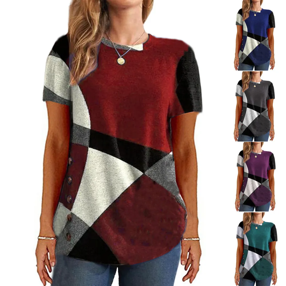 Damen Casual Baumwollmischung T-Shirt Kurzarm Rundhals Geometrischer Druck Top Sommer Mode Bekleidung Basis Tägliche Kleidung