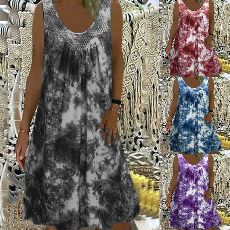 Damen Ärmelloses Batik Kleid Mesh Patchwork U-Ausschnitt Böhmisch Urlaub A-Linie Midi Kleid Sommer Lässiges Lockeres Tankkleid