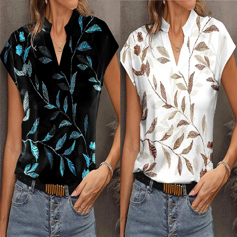 Camicetta Casual da Donna con Scollo a V Stampa a Foglia Manica Corta Top Vacanze Estive Elegante Street Style Poliestere Spandex