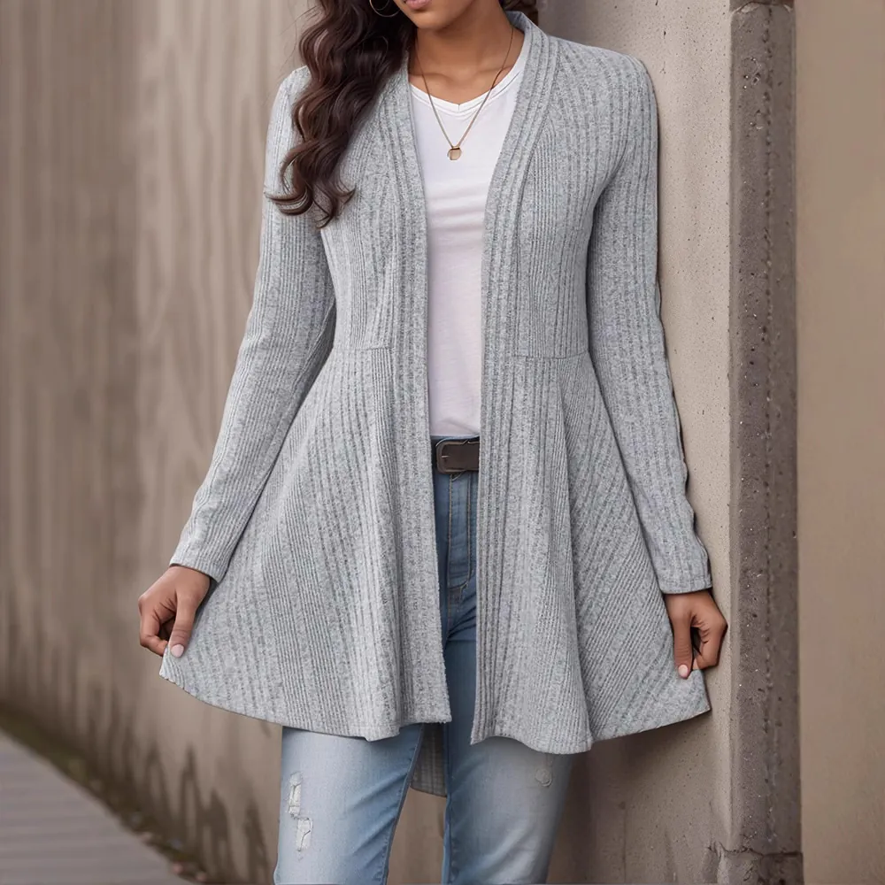 Cardigan in Maglia a Costine da Donna Manica Lunga Orlo a Volant Apertura Frontale Tinta Unita Maglione Casual Capispalla