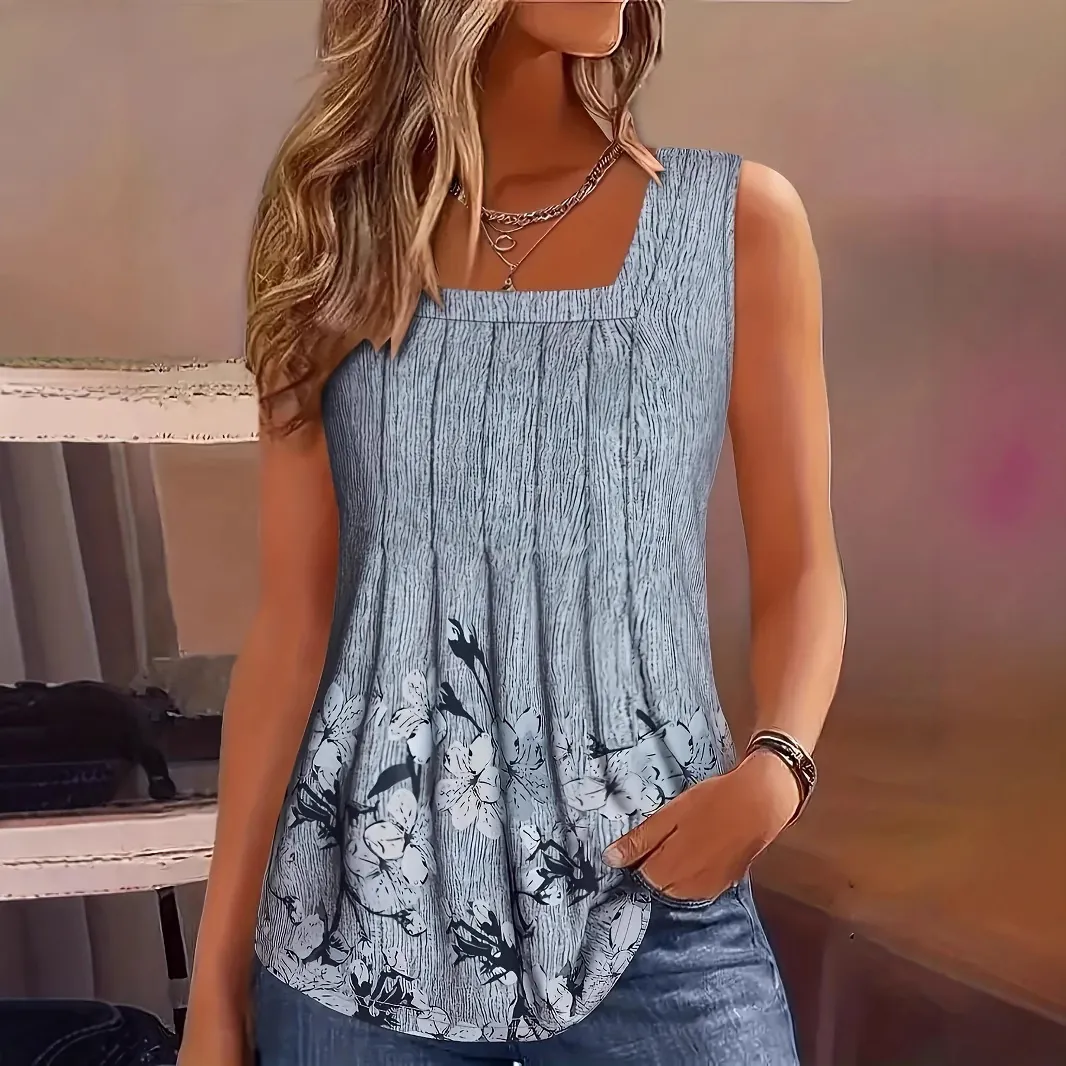 Women Plus Size Casual Floral Print Tank Top Square Neck Sleeveless Pleated Loose Fit Summer Vacation Blouse Top For Women