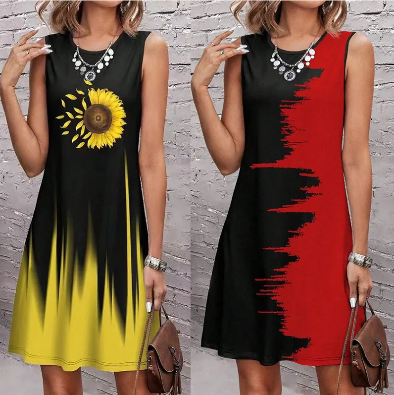 Women Sleeveless A-Line Dress Round Neck Sunflower Flame Print Summer Casual Retro Color Block Midi Flare Sundress