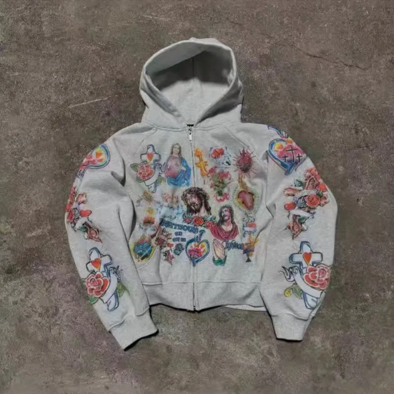 Women Retro Religious Print Zip Up Hoodie Gothic Jesus Virgin Mary All Over Printed Sweatshirt Streetwear Casual Top