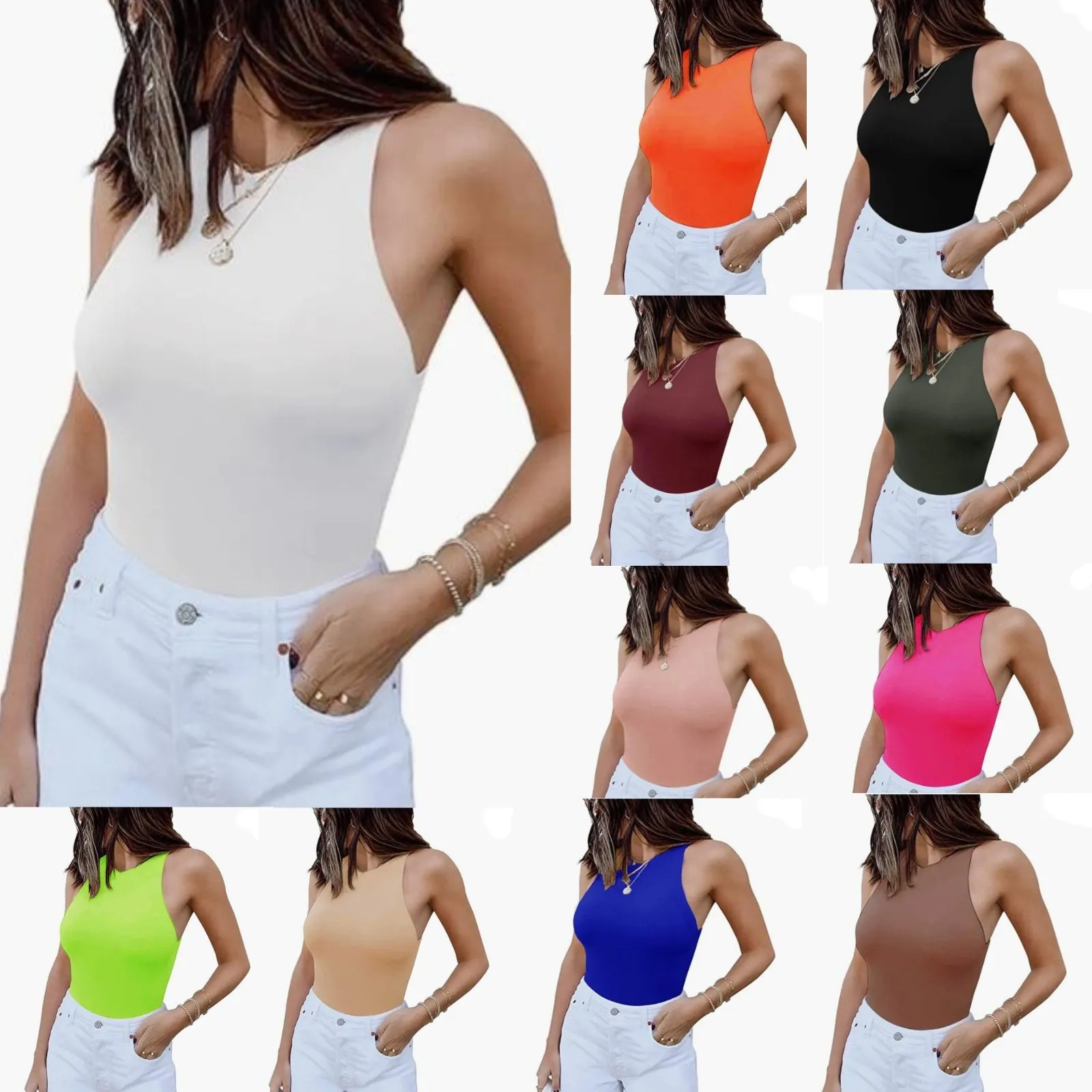 Women's Sexy Sleeveless Racerback Lace-Up Slim Fit Bodysuit Solid Color Casual Tank Top Summer Basic Apparel