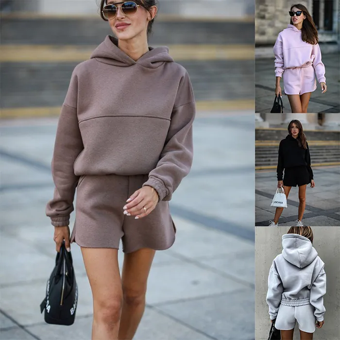 Women Casual Solid Color Long Sleeve Hooded Sweatshirt And Shorts Top And Bottom Polyester Autumn Winter Fleece Loungewear