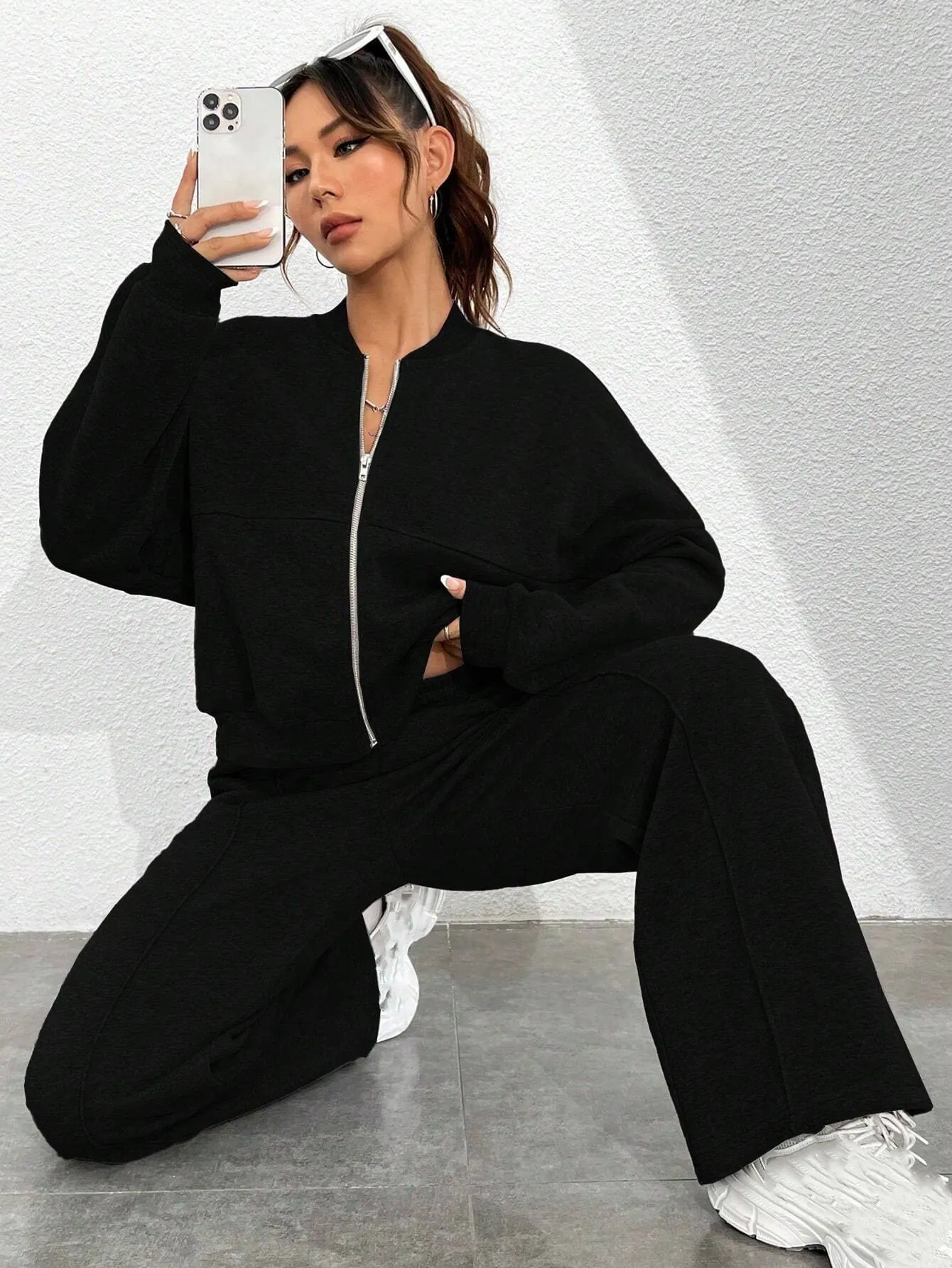 Women Casual Stand Collar Zipper Long Sleeve Top And High Waist Drawstring Wide Leg Pants Lounge Tracksuit Sporty Set