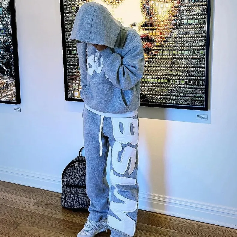 Damen Casual Oversized Hoodie Und Sweatpants Hip Hop Buchstaben Bestickung Satin Gefütterte Kapuze Streetwear Tracksuit