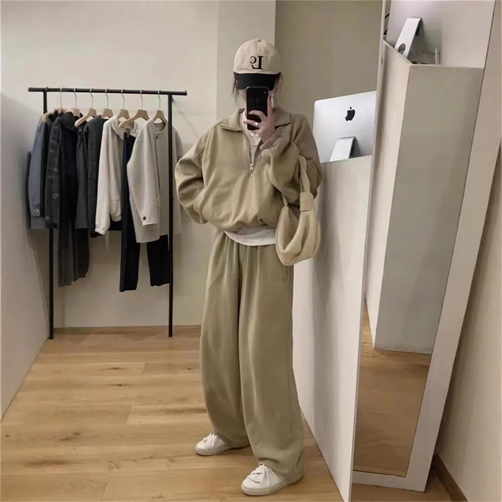 Women Casual Polyester Sweatshirt Sweatpants Top And Bottom Stand Collar Long Sleeve Solid Color Pocket Tracksuit Set