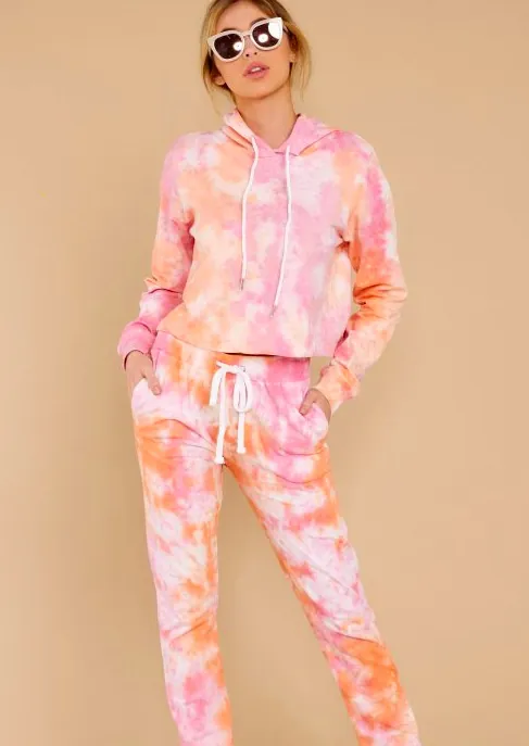 Women's Casual Tie-Dye Printed Hooded Sweatshirt And Sweatpants Set Polyester Long Sleeve Top And Bottom Loungewear