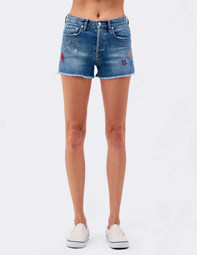 Damen Denim Shorts Hohe Taille Ausgefranster Saum Bestickt Mit Bunten Sternen Distressed Sommer Jeans Hot Pants