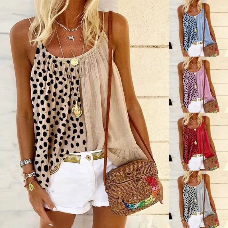 Women Bohemian Leopard Polka Dot Patchwork Camisole Ruffle Sleeveless Loose Vacation Beach Summer Tank Top Shirt