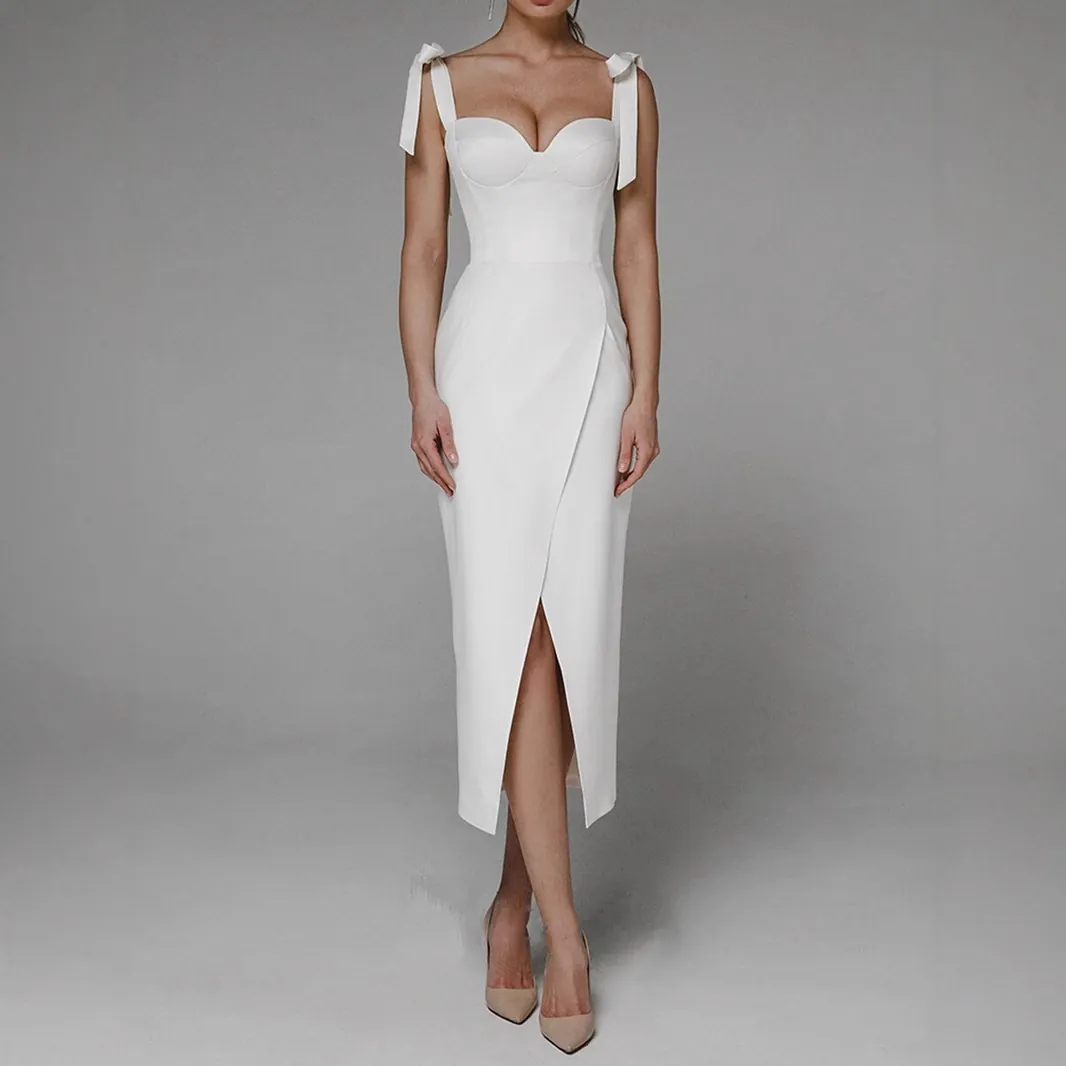 Abito Midi Elegante Da Donna Con Spalline Con Fiocco E Spacco Sexy Scollo A Cuore Schiena Scoperta Bodycon Polyester Abito Da Sera