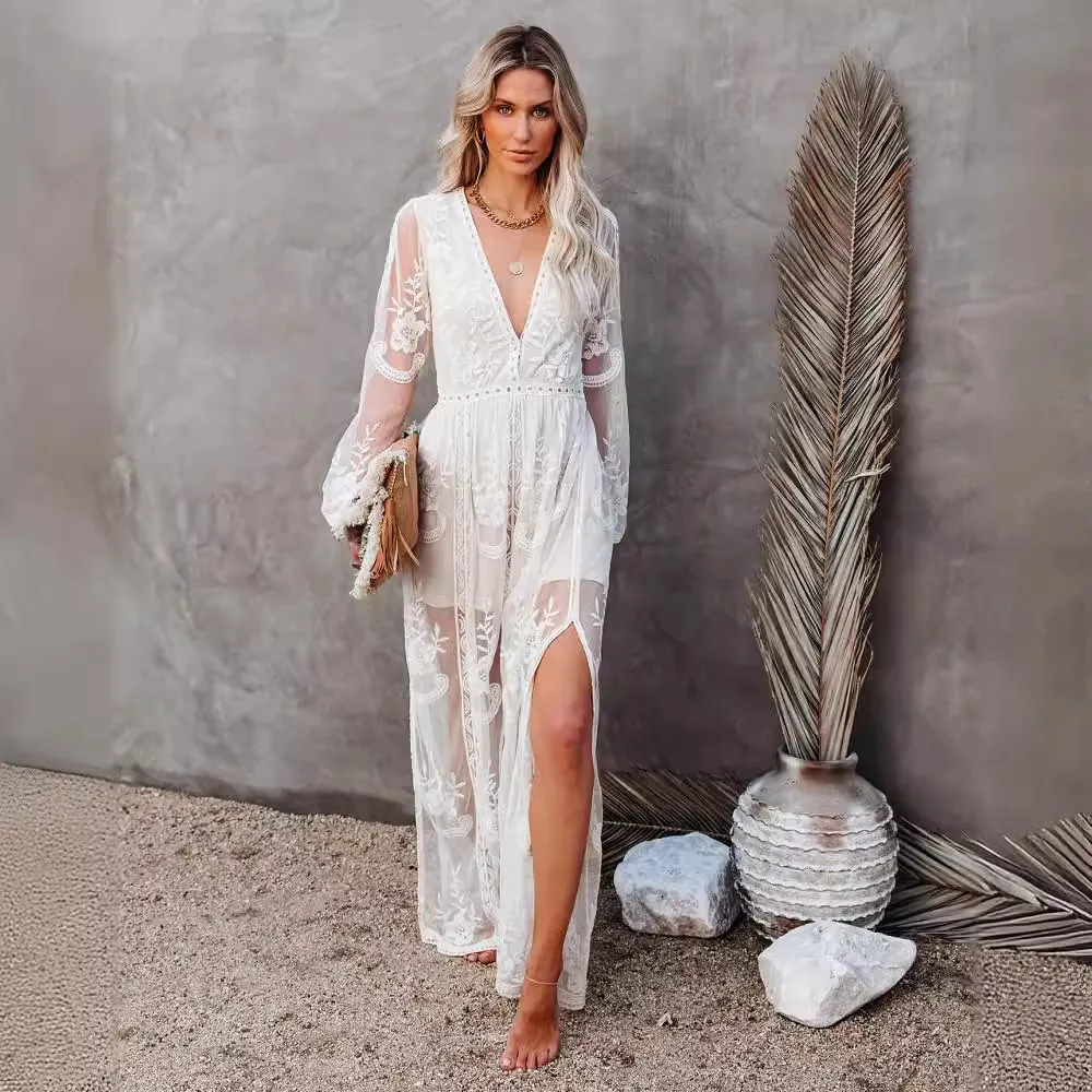 Elegantes Boho Spitze Maxi Kleid Damen Tiefer V-Ausschnitt Langarm Hoher Schlitz Blumenstickerei Urlaub Strand Partykleid