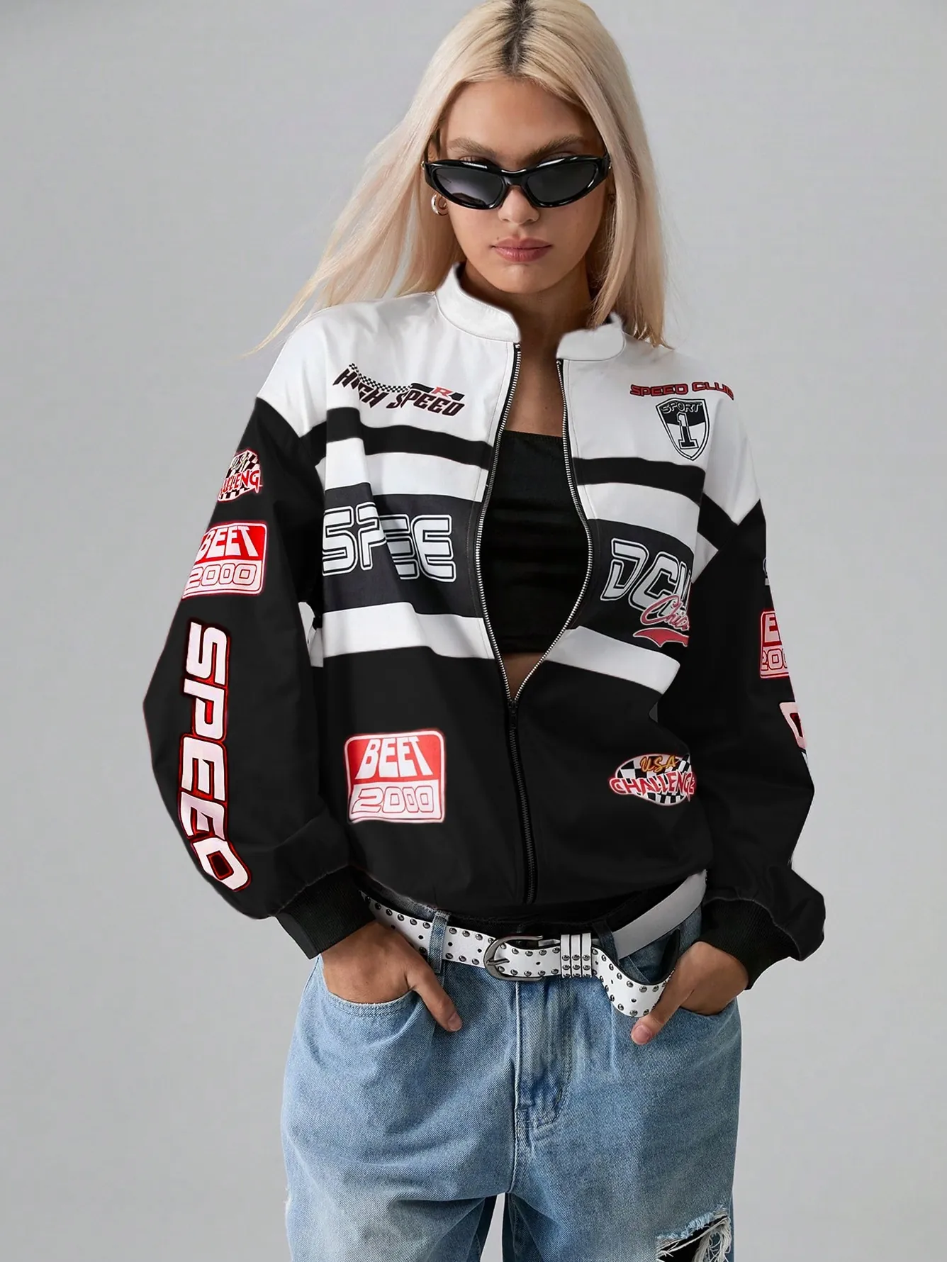 Women Racing Style Color Block Jacket Vintage Letter Print Stand Collar Zipper Long Sleeve Streetwear Bomber Jacket Top