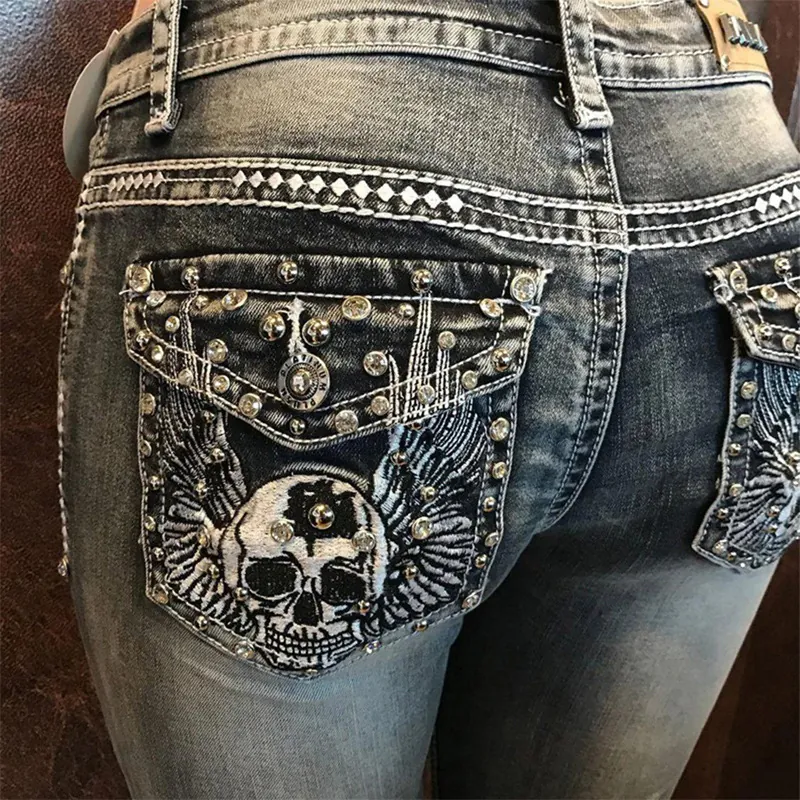 Women's Slim Straight Leg Denim Jeans With Rhinestone Skull Embroidery Punk Rock Streetwear Washed Dark Grey Long Pants