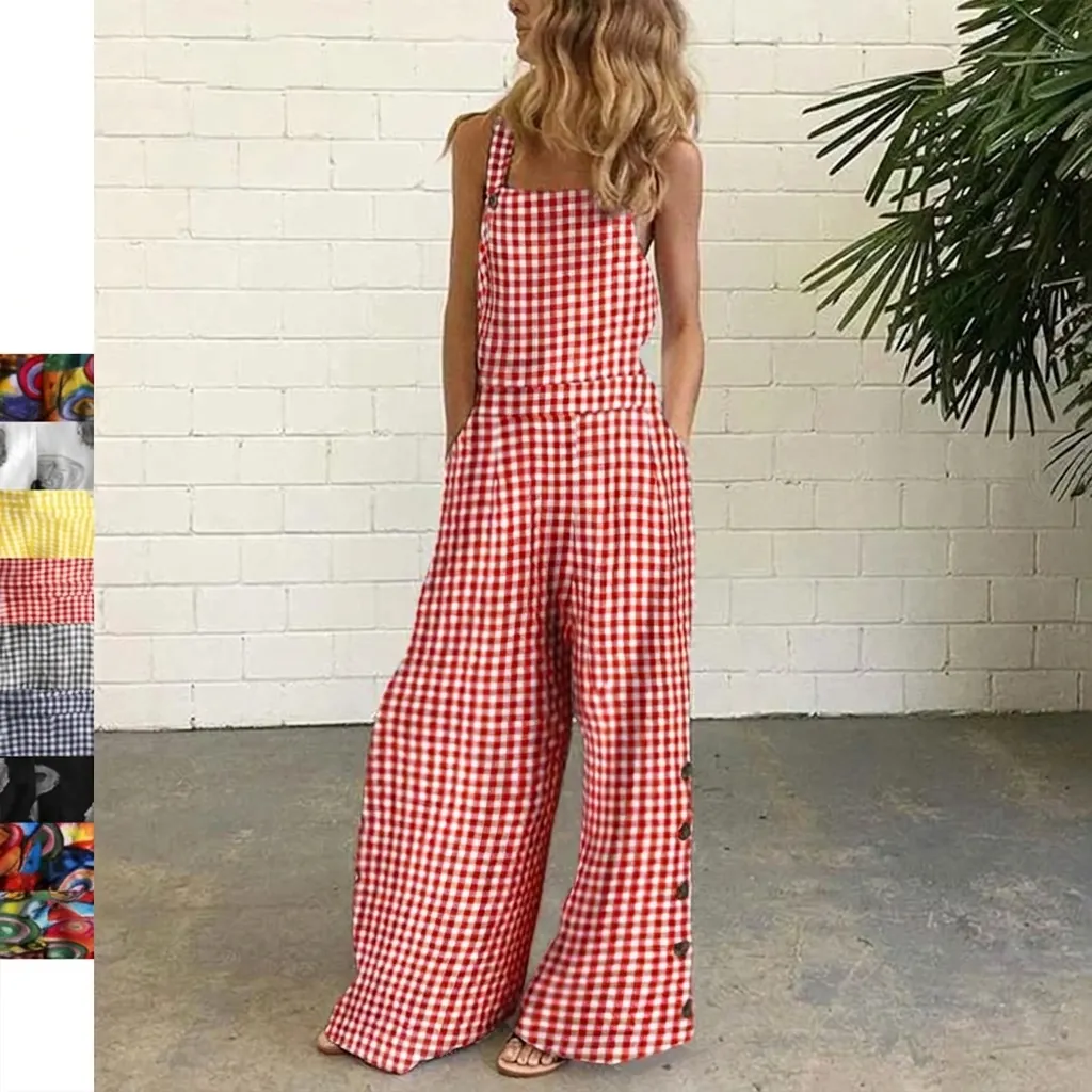 Women's Summer Backless Gingham Polka Dot Jumpsuit Wide Leg Strappy Overall Long Pants Digital Print Top And Bottom Streetwear