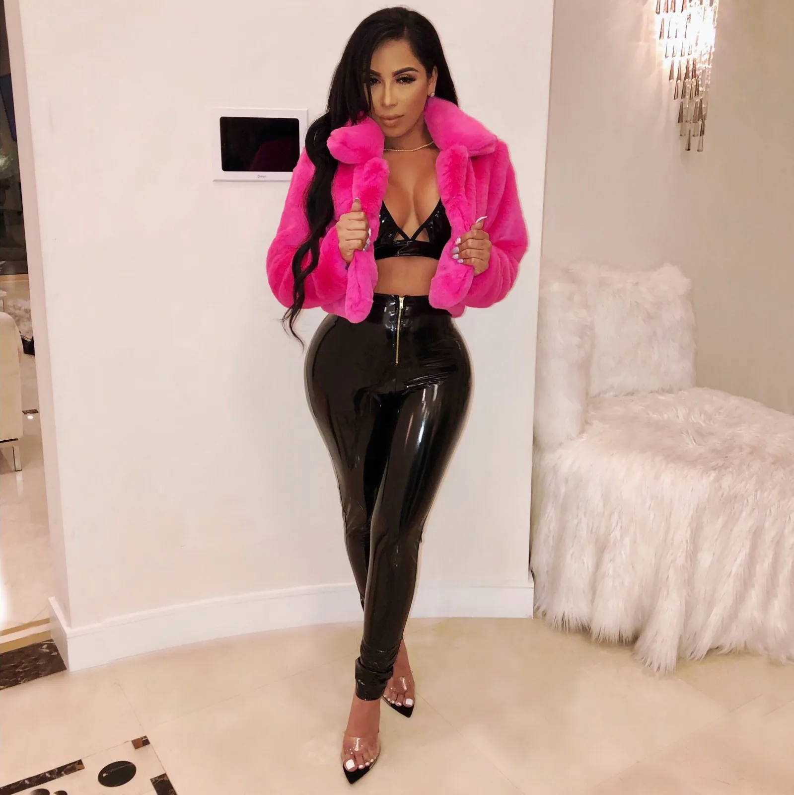 Women's Casual Short Faux Fur Jacket Winter Long Sleeve Lapel Open Front Cardigan Fluffy Thick Warm Coat Outerwear