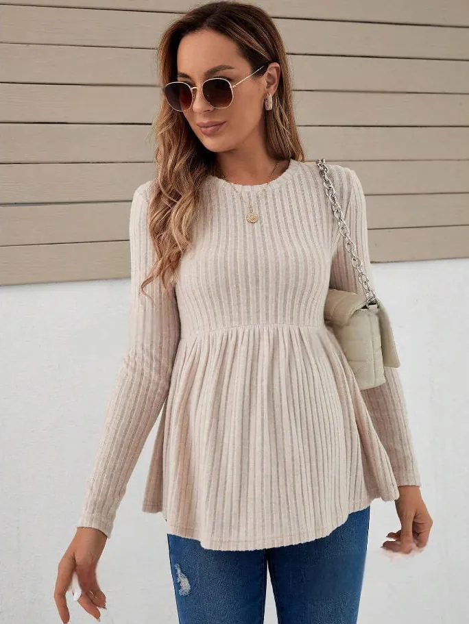 Umstandsmode Langarm Rippstrick T-Shirt Casual Schößchen Saum Einfarbig Babydoll Top Bequeme Schwangerschaftskleidung