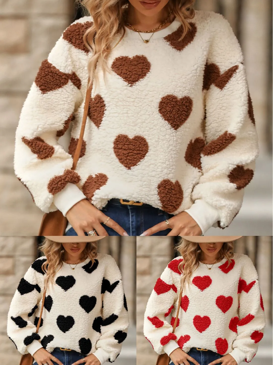 Sweat-shirt en Polaire Sherpa à Imprimé Cœur pour Femmes Pull Ample Col Rond Manches Longues Haut Chaud d'Hiver