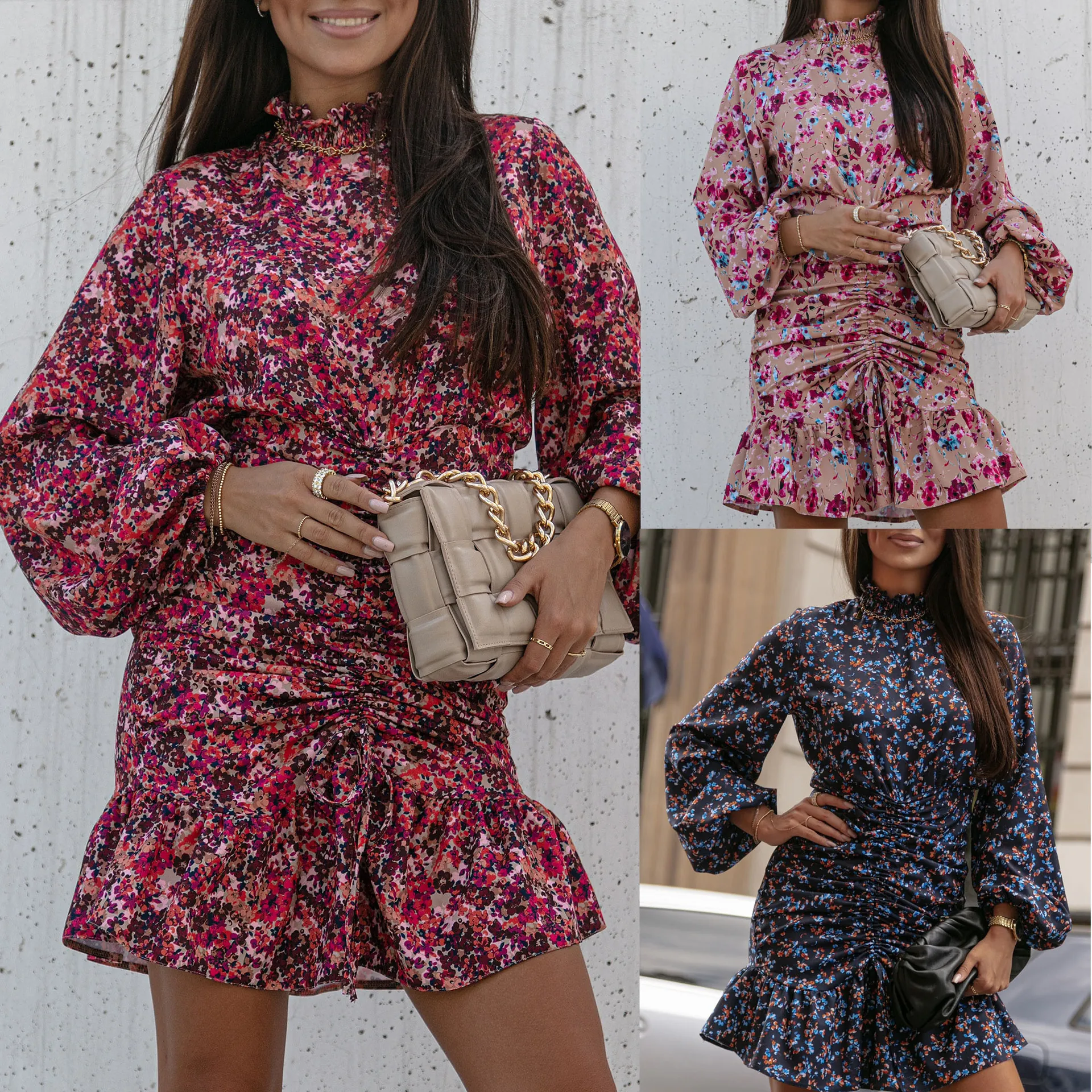 Robe Mini pour Femmes Col Haut Floral Manches Lanterne Plissé Ourlet à Volants Décontracté Slim Manches Longues Polyester