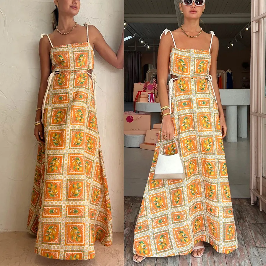 Women Casual Lemon Print Maxi Dress Spaghetti Strap Waist Cut Out Orange Summer Vacation Boho A Line Long Dress