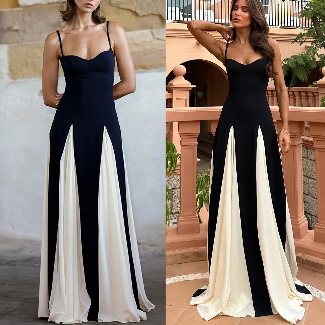Women Black And White Color Block Maxi Dress Sleeveless Sweetheart Neck Sling Loose Holiday Party Evening Long Dress