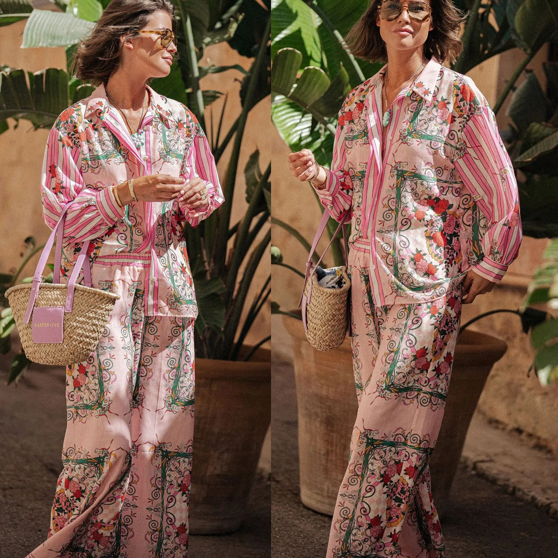 Women Casual Pink Floral Print Satin Two Piece Set Long Sleeve Shirt And Wide Leg Pants Resort Vacation Suit Pants Sets