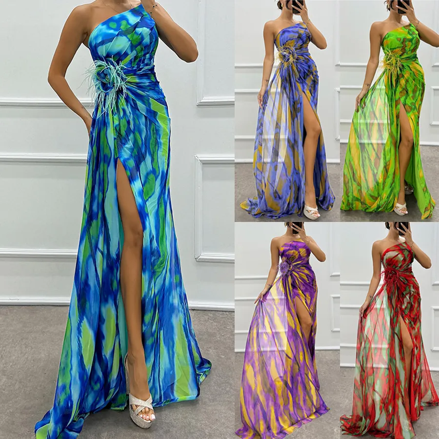 One Shoulder Hoher Schlitz Maxi Kleid Mit Feder Taille Dekor Abstrakt Druck Ärmellos Abend Party Lang Kleid Damen