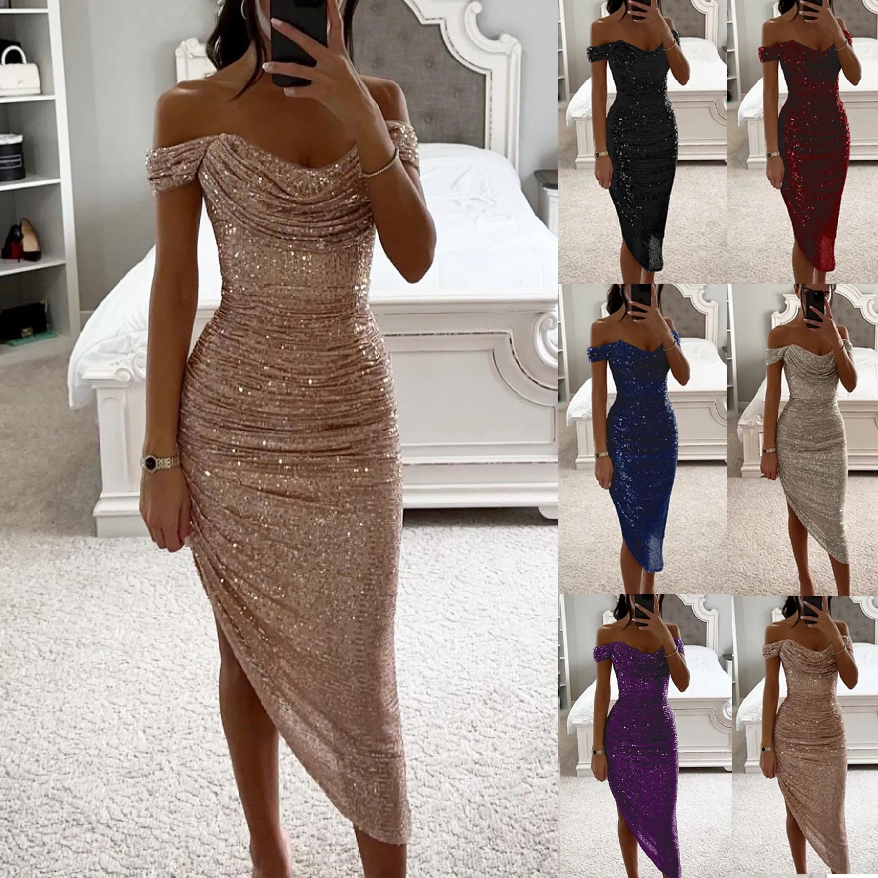 Damen Off-Shoulder Pailletten Midi Kleid Elegant Eng Schlitz Abendkleid Party Festliches Kleid Banquett Robe