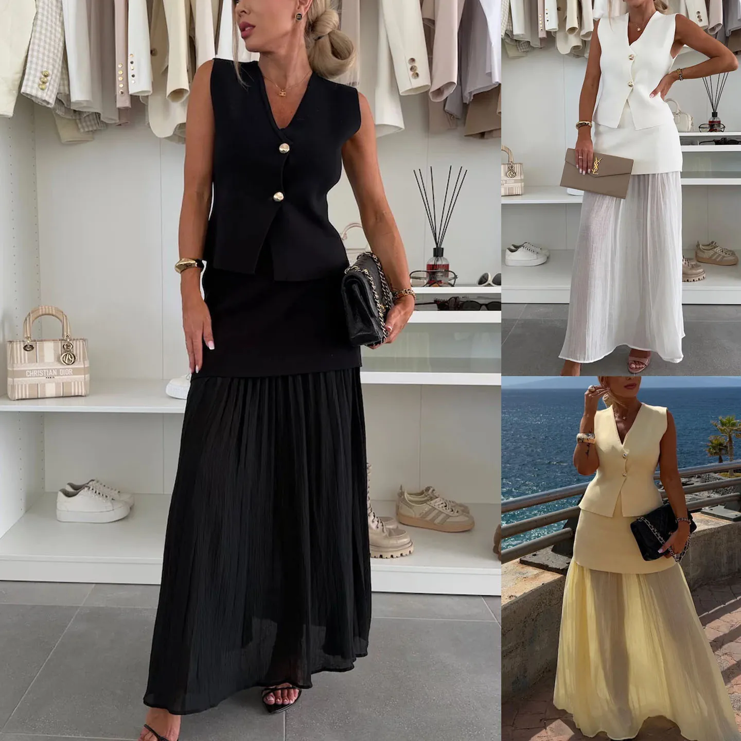 Set Gonna Due Pezzi Donna Casual Vacanza Senza Maniche Maglia Patchwork Gilet Top E Gonna Maxi Plissettata Poliestere