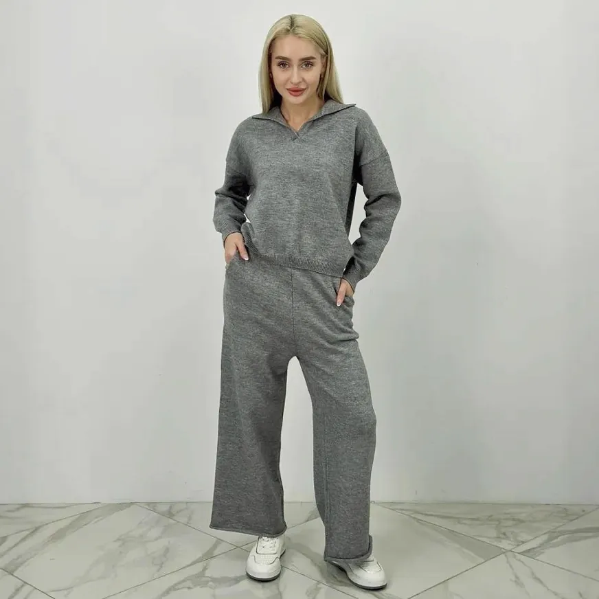 Femme Tricot Top And Bottom Décontracté Manches Longues Col Polo Pull Et Jambe Large Pantalon Loungewear Survêtement Couleur Unie Automne