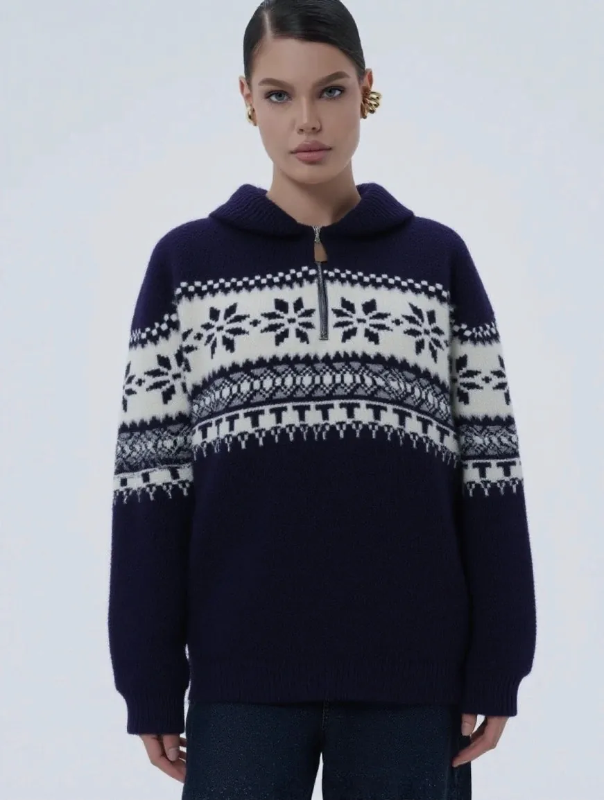 Women Casual Loose Knitted Sweater Quarter Zip POLO Collar Fair Isle Snowflake Pattern Winter Warm Long Sleeve Pullover