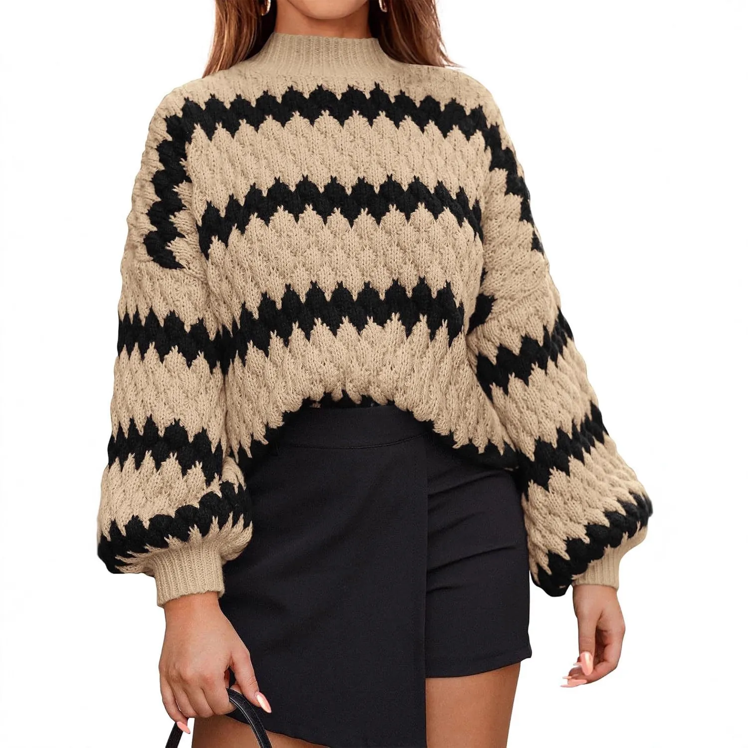 Women Oversized Knitted Sweater Zigzag Striped Lantern Sleeve Pullover Casual Loose Crewneck Autumn Winter Knitwear Top