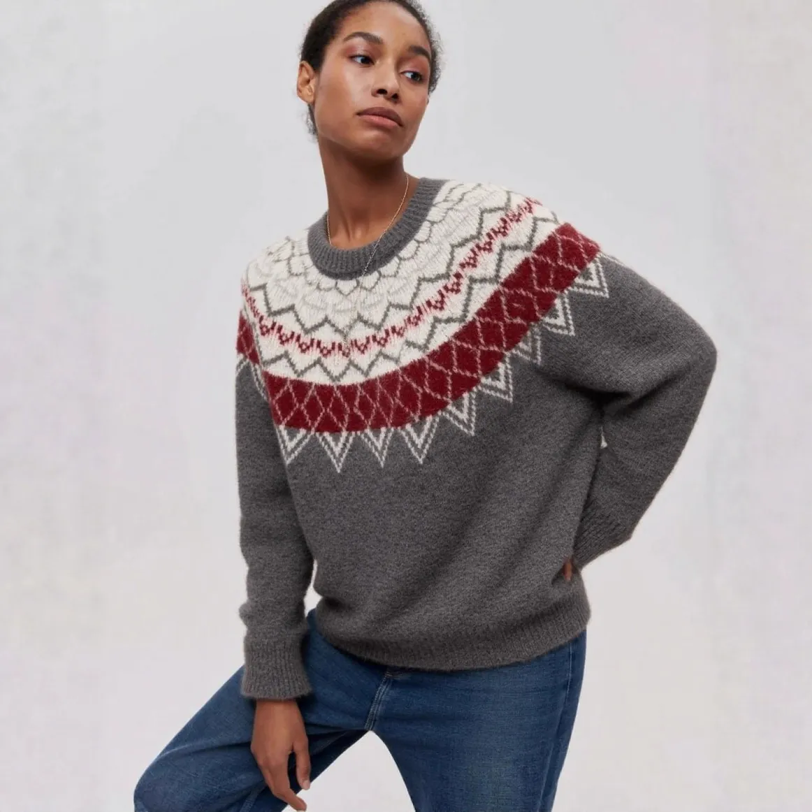 Women's Fair Isle Knit Sweater Christmas Geometric Pattern Oversized Round Neck Long Sleeve Plush Warm Winter Pullover Jumper