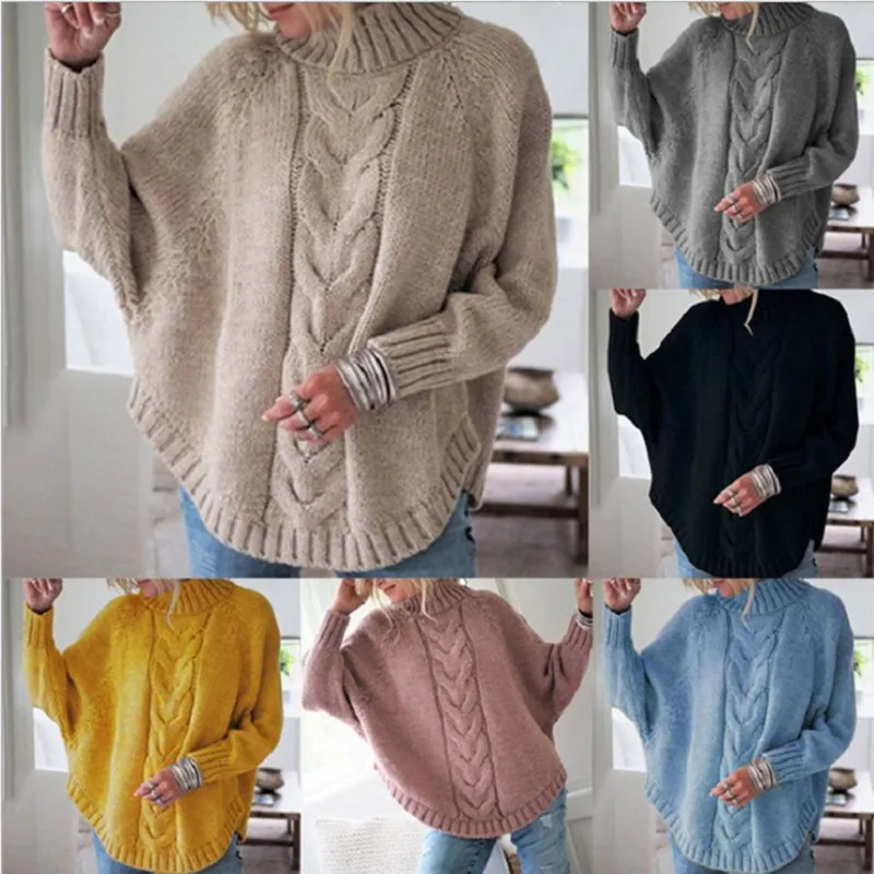Pull Femme Large Manches Chauve-souris Torsade Col Montant Oversize Décontracté Doux Chaud Tricoté Cavalier Hiver Automne Top