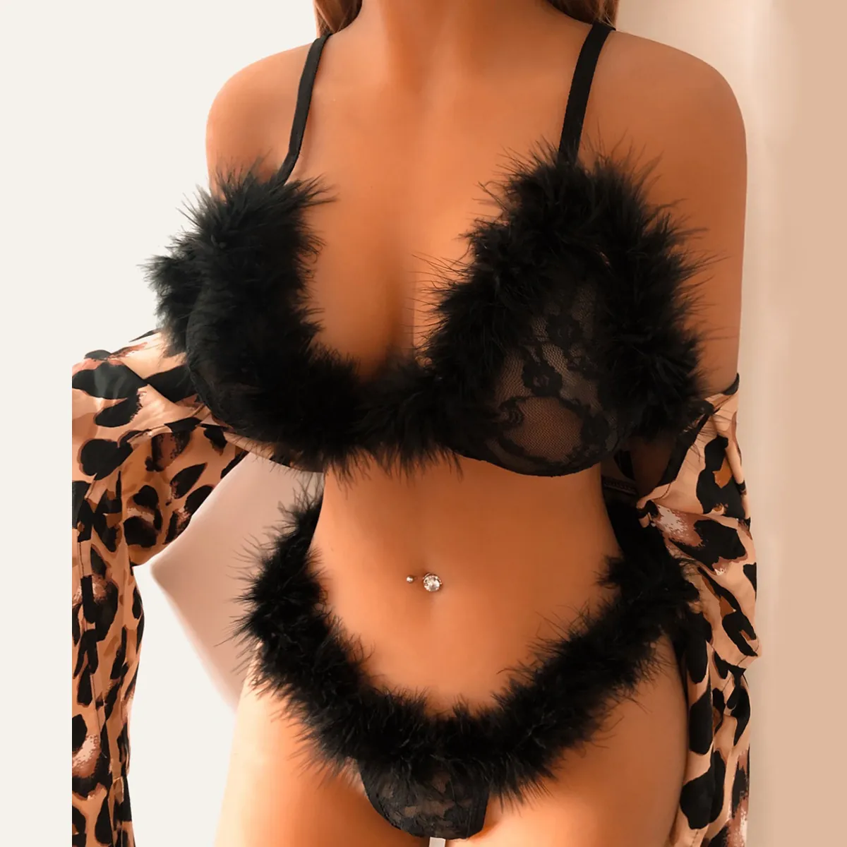 Women Sexy Lace Faux Feather Lingerie Set Top And Bottom Floral Nylon Intimates Slim Fit Nightwear Pajamas Underwear