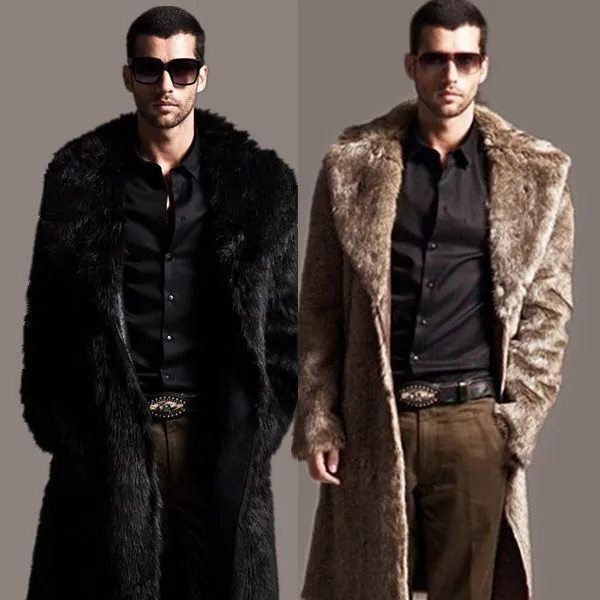 Men's Faux Fur Long Coat Winter Warm Thick Outerwear Fashion Lapel Collar Solid Color Soft Plush Male Overcoat