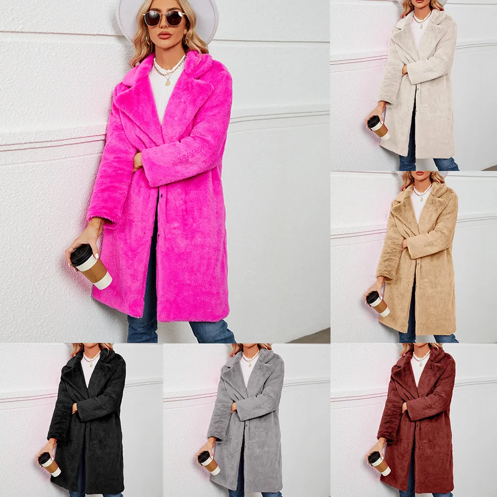 Manteau en Fausse Fourrure pour Femmes Veste Teddy Longue Hiver Chaud Revers Pardessus Peluche Douce Vêtements pour Streetwear Bureau Décontracté