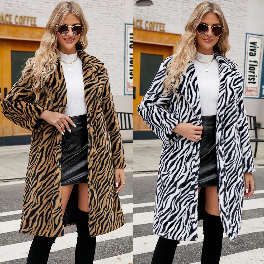 Women Casual Faux Fur Long Coat Zebra Tiger Stripe Print Long Sleeve Suit Collar Warm Outerwear Fashion Winter Jacket