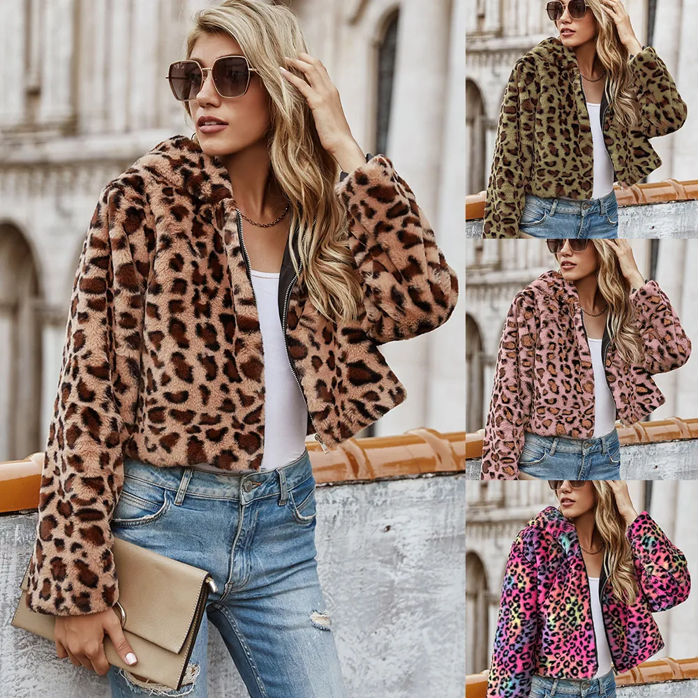 Veste à Capuche en Fausse Fourrure Imprimé Léopard pour Femme Manteau Court en Peluche Chaud d'Automne Hiver