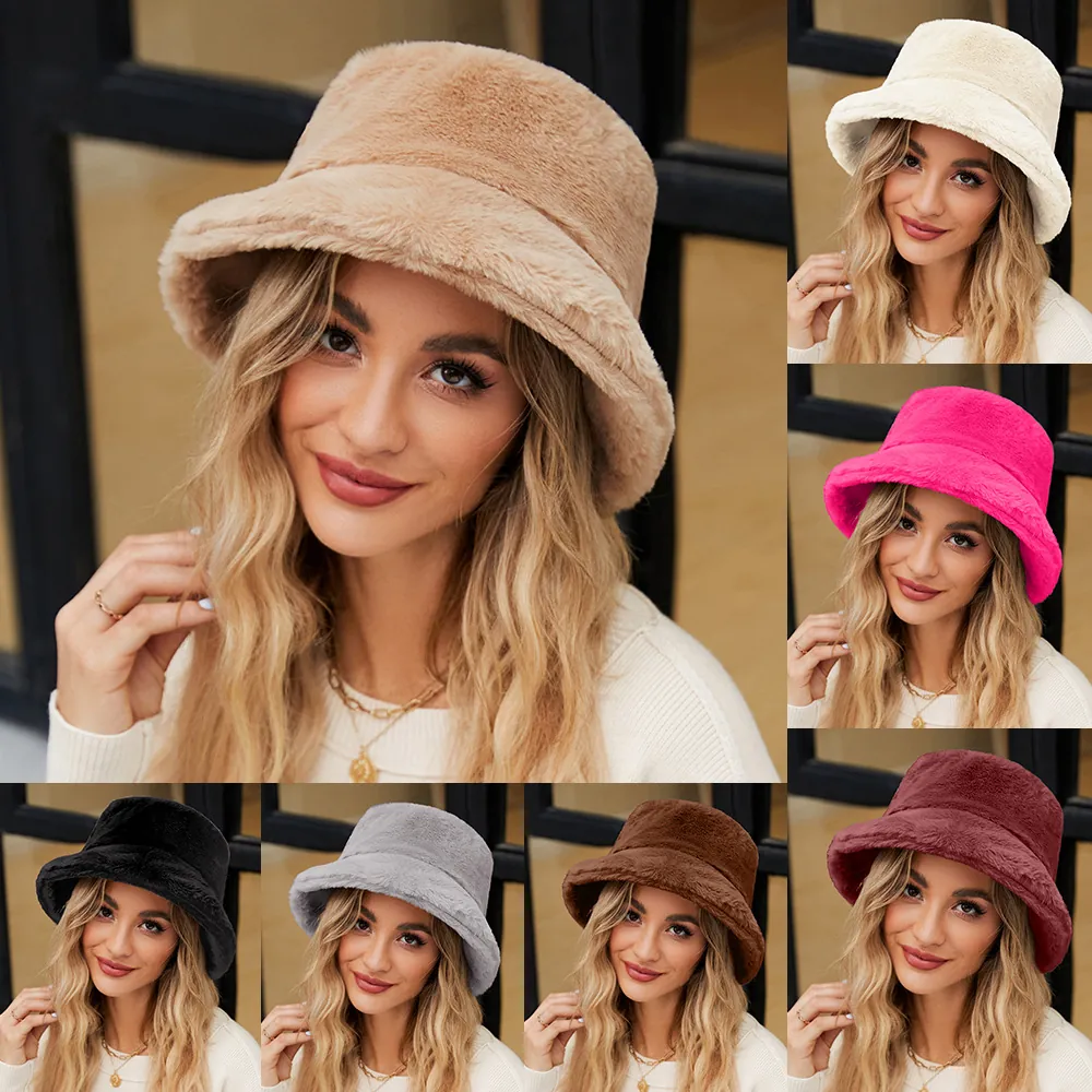 Cappello a Secchiello in Pelliccia Sintetica da Donna Caldo Peluche Pescatore Tinta Unita Autunno Inverno Outdoor Moda