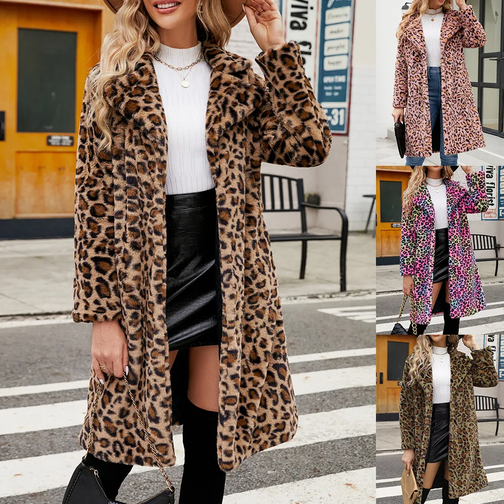 Manteau en Fausse Fourrure Imprimé Léopard pour Femme Mode Revers Manches Longues Veste d'Hiver Chaude Élégante Vêtements de Dessus