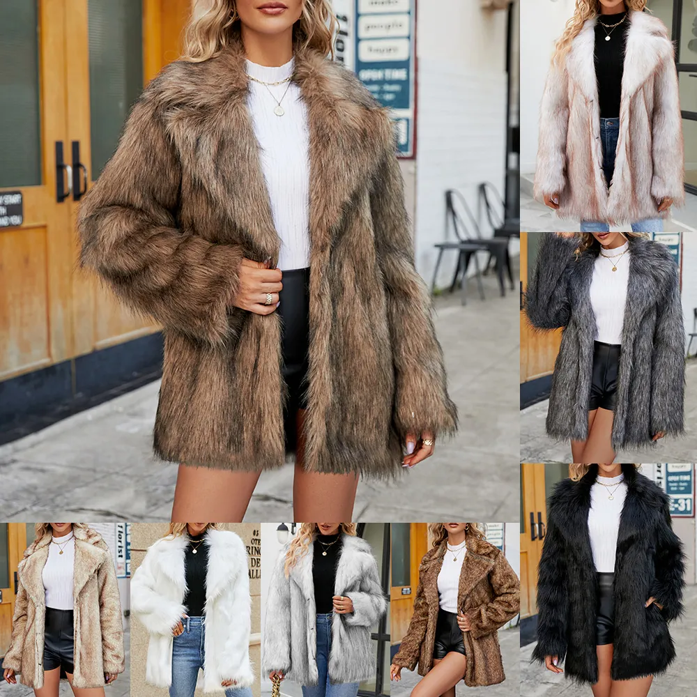 Manteau en Fausse Fourrure Élégant pour Femme Mi-long Col à Revers Automne Hiver Chaud Manches Longues Vêtements d'extérieur Veste en Peluche Mode Décontractée