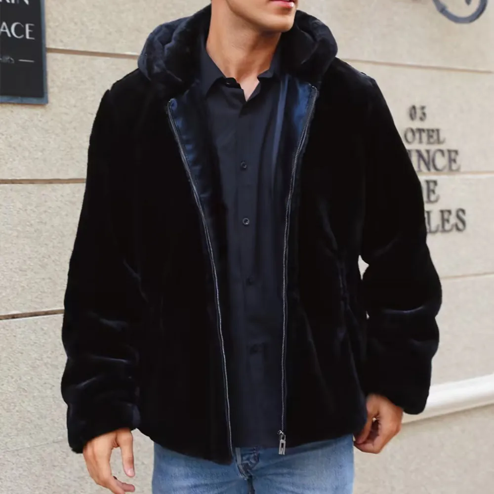 Men Fashion Faux Fur Hooded Jacket Black Winter Thickened Warm Plush Outerwear Metallic Zipper Casual Coat Men Streetwear