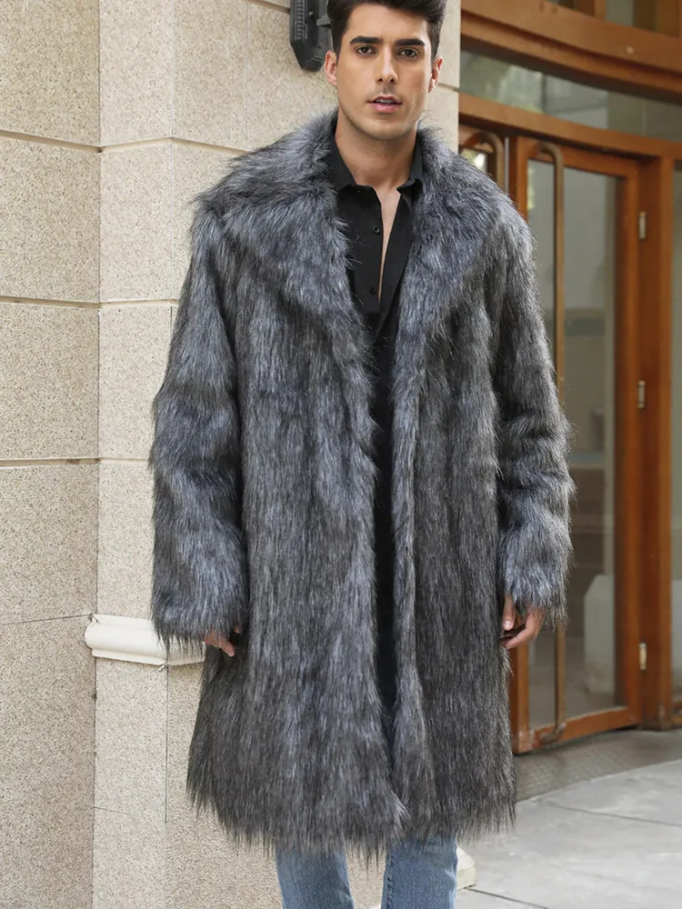 Manteau d'Hiver Chaud en Fausse Fourrure pour Hommes Style Renard à Poils Longs Col à Revers Veste Mi-Longue Gris Blanc Pardessus