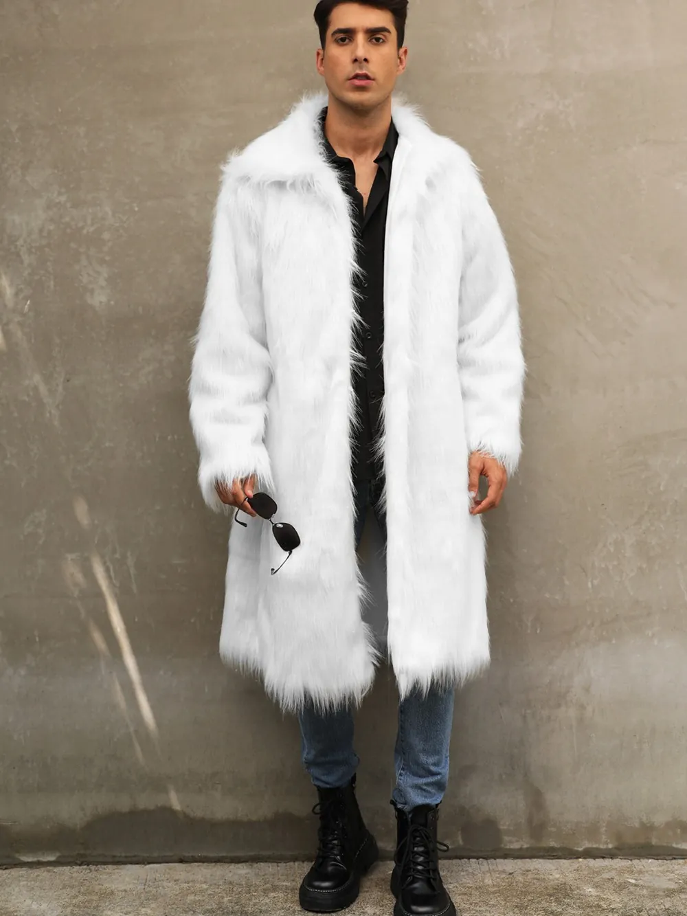 Men Fashion Faux Fur Long Overcoat Winter Warm Solid White Artificial Fur Jacket With Suit Collar Thick Shaggy Outerwear
