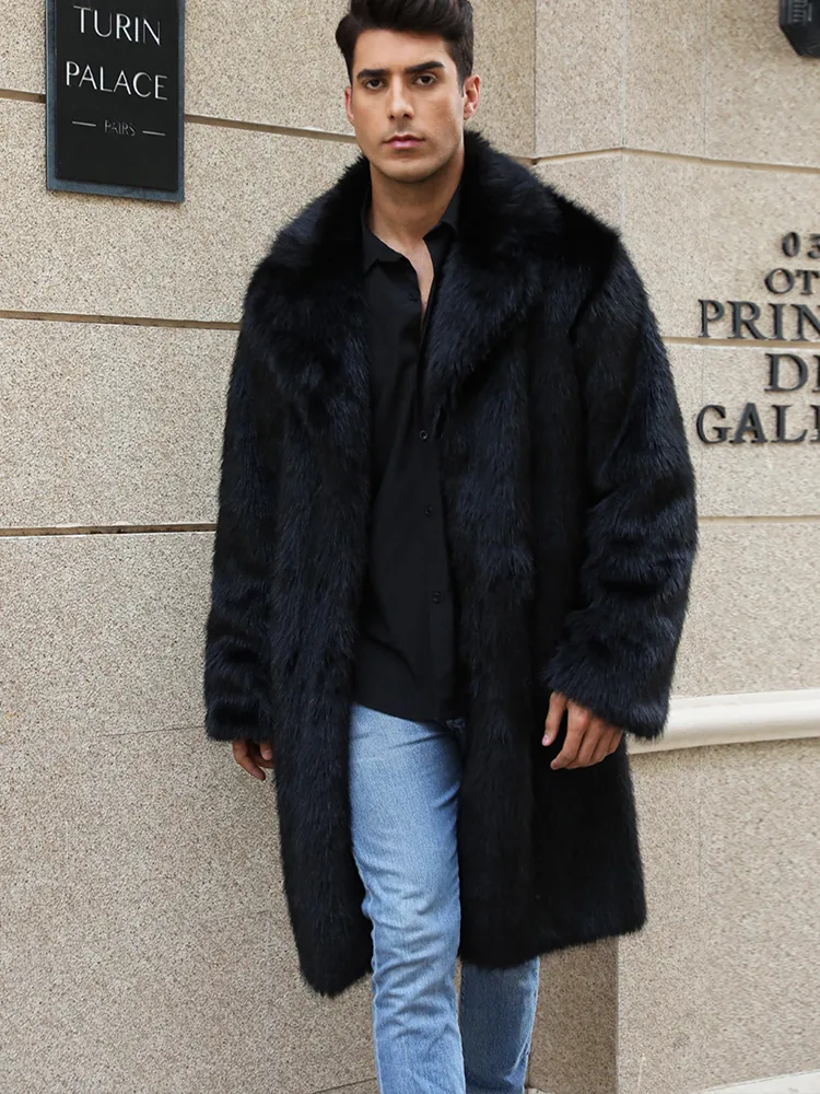 Men's Luxury Black Faux Fur Long Coat Thick Warm Winter Lapel Artificial Fur Outerwear Long Sleeve Urban Fashion Overcoat
