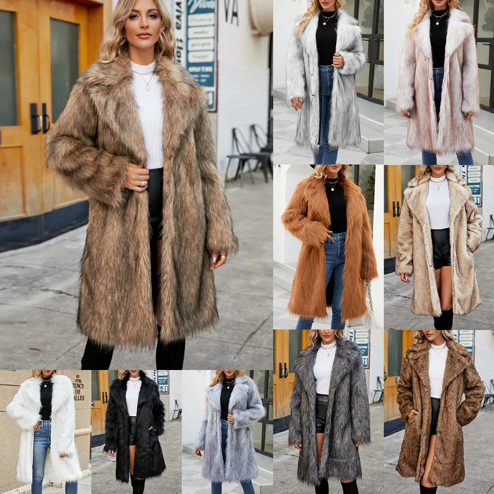 Women Elegant Faux Fur Coat Notch Lapel Long Sleeve Mid Length Thick Warm Winter Outwear Commuter Fashion Solid Color Jacket