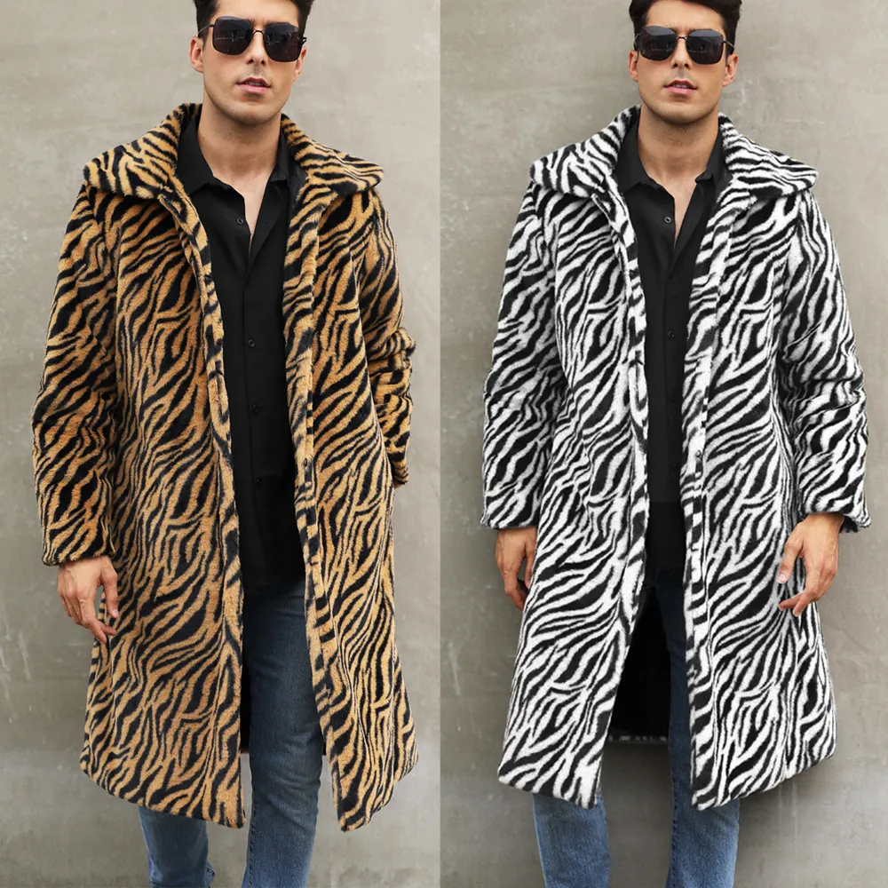 Manteau Long en Fausse Fourrure pour Homme Mode Hiver Chaud Imprimé Animal Tigre Zèbre Léopard Col à Revers Veste Streetwear